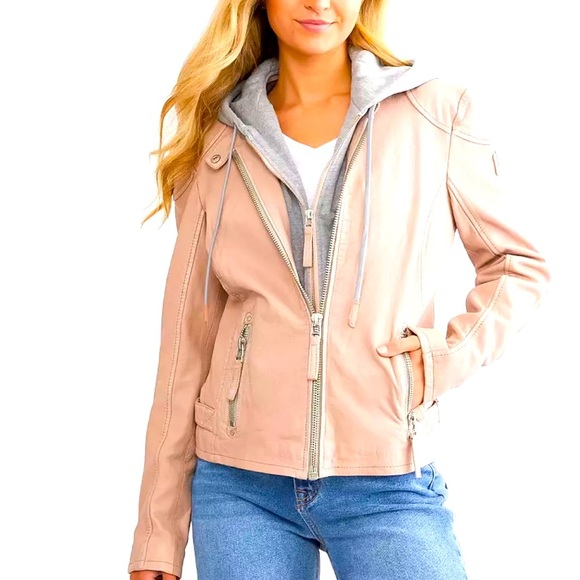 NWT Mauritius Leather hooded Jacket Blush removable hood M Lamb leather - Picture 1 of 16